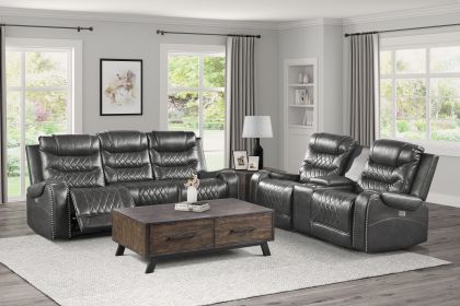 Luxurious Living Room Furniture 2pc Power Reclining Sofa Set Gray Breathable Faux Leather Upholstery Center Drop-Down Cup Holders, Power Outlets