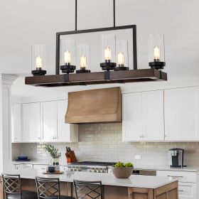 Matte Black / Wood Grain Metal Chandelier Fixture, 6 lights Ceiling Pendant light, Adjustable Height