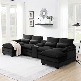 [VIDEO provided][New]123*55" Modern U-shaped Sofa with Console,Cupholders and USB Ports,6-seat Upholstered Symmetrical Indoor Furniture