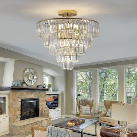 (Same as W1340102252/L5001) Gold Crystal Chandeliers,5-Tier Round Semi Flush Mount Chandelier Light Fixture