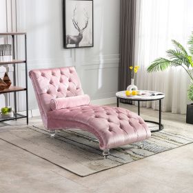 COOMORE Velvet Chaise Lounge Indoor,Button-Tufted Upholstered Chaise Lounge Chair with Pillow for Bedroom Living Room Office (Pink Velvet)