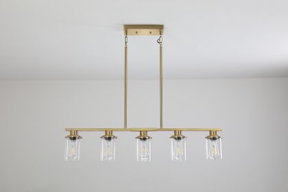 Modern Industrial 5-Light Chandelier with Clear Glass Shades, Golden Metal Frame Hanging Ceiling Light Fixture