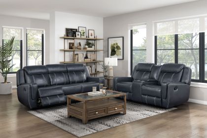 Modern Living Room Furniture 2pc Reclining Sofa Set Blue Breathable Faux Leather Upholstery Reclining Sofa Loveseat with Cup Holders, Power outlets