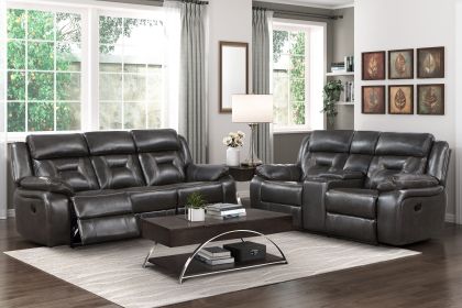 2pc Reclining Sofa Set Modern Design Living Room Furniture Sofa and Loveseat with Center Console Dark Gray Breathable Faux Leather Upholstery Contempo