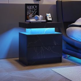 Nightstand LED Bedside Table Cabinet Lights Modern End Side with 2 Drawers for Bedroom (Black Gold)