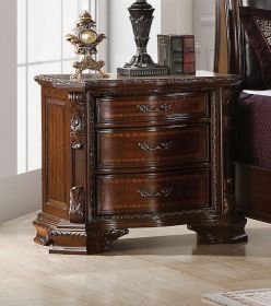 Formal Traditional 1pc Nightstand Only Brown Cherry Solid wood 3-Drawers Intricate Accents Glides Bronze Hanging Pulls Bedroom Furniture