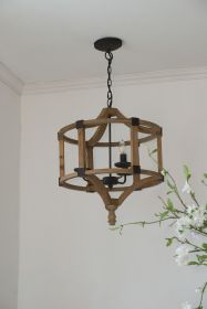 3 - Light Wood Drum Chandelier, Hanging Light Fixture with Adjustable Chain, Bulb Not Included