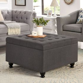 Large square storage ottoman with wooden legs, Upholstered button tufted coffee table with nail trims for Living Space,Dark Grey