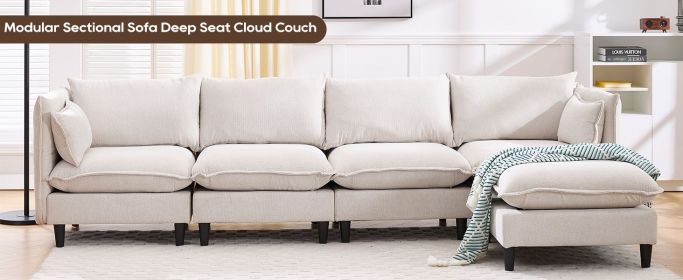 Modular Sectional Sofa, L Shaped Couch Set for Living Room, 4-Seater Comfy Cloud Couches with Movable Ottoman Beige