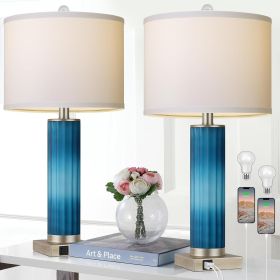 Set of 2 Table Lamps for Living Room, Blue Glass Bedroom Lamp for Bedside with USB C+A Charging Ports