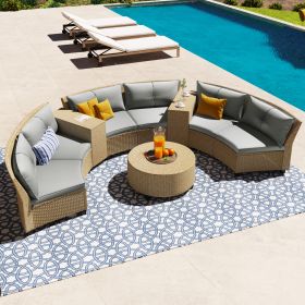 [VIDEO provided] 6 - Person Fan-shaped Rattan Suit Combination with Cushions and Table,Suitable for Garden