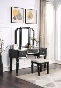 Luxurious Majestic Classic Black Color Vanity Set w Stool 3- Storage Drawers 1pc Bedroom Furniture Set Tri-Fold Mirror