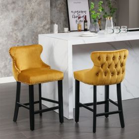 A&A Furniture,Contemporary Velvet Upholstered Wing-Back Barstools with Button Tufted Decoration and Wooden Legs, and Chrome Nailhead Trim