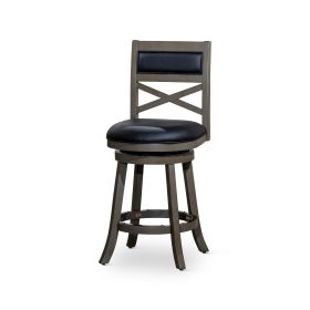 30" Bar Height X-Back Swivel Stool, Weathered Gray Finish, Black Leather Seat