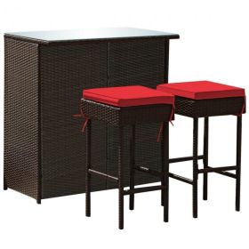 3 Pieces Patio Rattan Wicker Bar Table Stools Dining Set