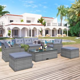 6-piece All-Weather Wicker PE rattan Patio Outdoor Dining Conversation Sectional Set with coffee table, wicker sofas, ottomans, removable cushions