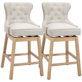 Upholstered Fabric Bar Height Bar Stools, 180° Swivel Nailhead-Trim Pub Chairs, 30" Seat Height with Rubber Wood Legs, Set of 2, Cream