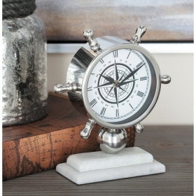 DecMode 8" Silver Stainless Steel Ship Wheel Clock with Marble Base