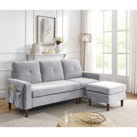 80' Convertible Sectional Sofa Couch;  3 Seats L-shape Sofa with Removable Cushions and Pocket;  Rubber Wood Legs (Color: LIGHT GREY)